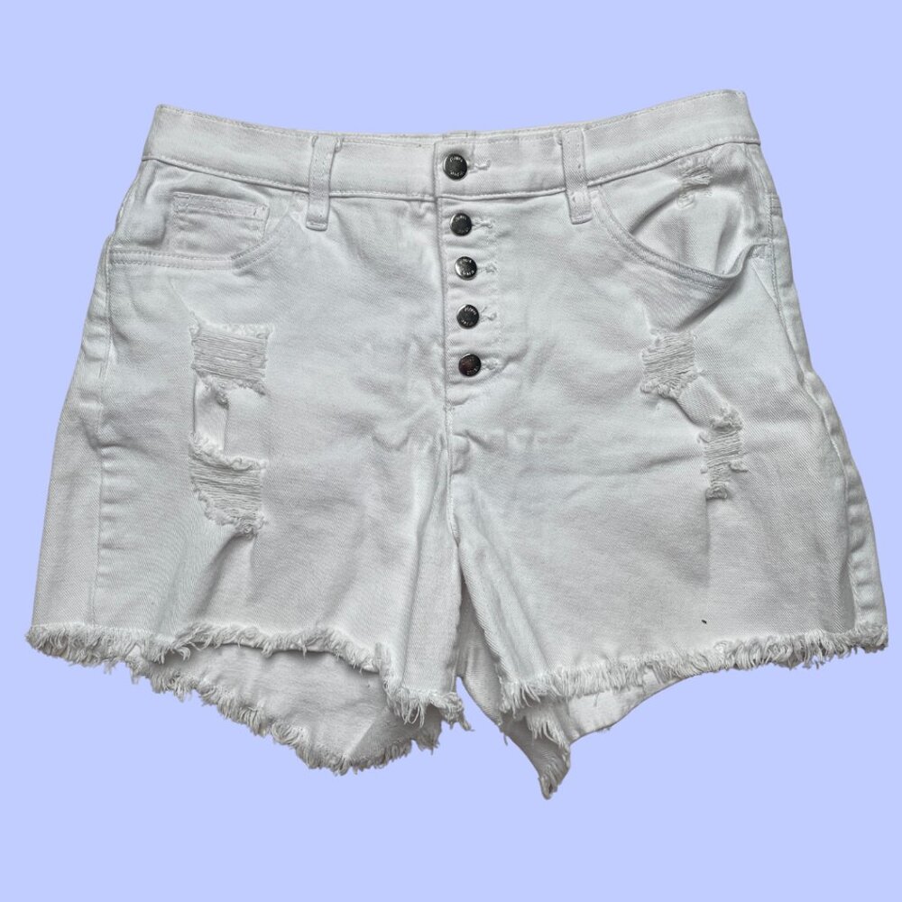 Women's White Distressed Jean Shorts with Pockets Button Fly Raw Hem, Size 12